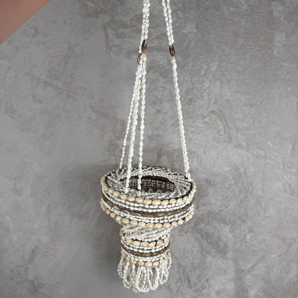 Vintage Boho Cowrie Shell Hanging Planter Basket Coastal Nautical Decor 28 Inch